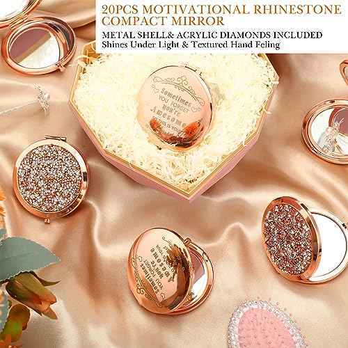 Cindeer 20 Pcs Small Compact Mirror Folding Pocket Makeup Round Hand Held Cosmetic Magnifying Compact Rhinestone Mirror with 1X/2X Magnification for Women Girls Travel (Gold Style)