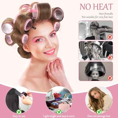 Obeoby 50 Pcs in 1 Pack 4 Sizes Hair Rollers with Gift Makeup Bag, 24 Pcs Self Grip Rollers and Clips, Comb, 25/36/48/60 mm Curlers for Volume Medium Long Hair