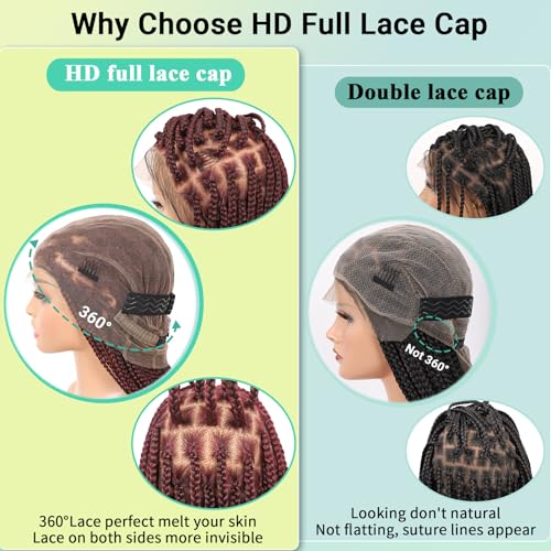 360¡ÆHD Full Lace Knotless Braided Wigs for Women Box Braid Wig with Baby Hair Premium Synthetic Natural Looking Burgundy Braided Lace Front Wigs 36 Inch