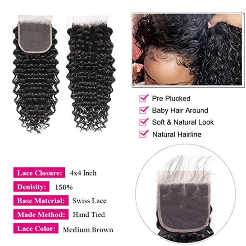 Deep Wave Bundles with Closure (12 14 16 18+10 Closure) Human Hair 4x4 Lace Closure with Baby Hair Pre Plucked Free Part Natural Color 4 Bundles and Closure 100% Unprocessed Brazilian Virgin Hair
