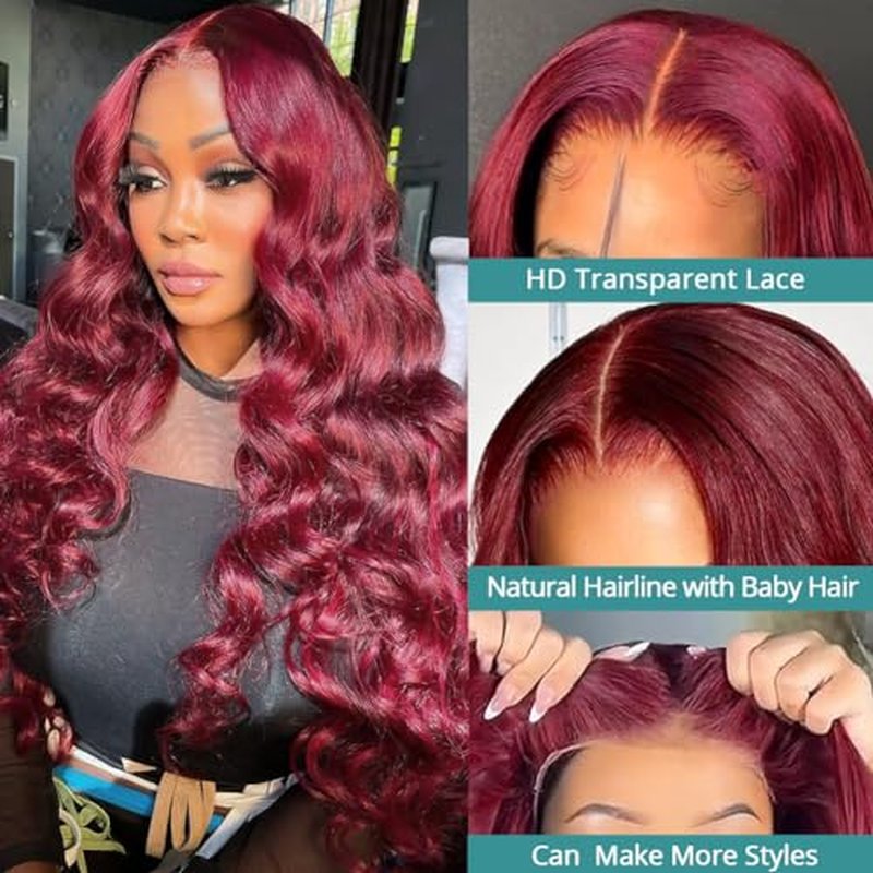 Allove Burgundy Lace Front Wigs Human Hair Pre Plucked 180% Density 22inch Body Wave Lace Front Wigs with Baby Hair 13x4 Glueless HD Transparent Frontal Wigs For Women