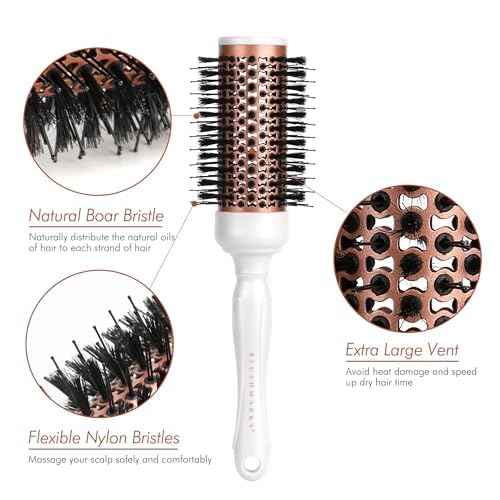 Round Blowout Hair Brush with Boar & Nylon Bristles, Vented Barrel Brush for Quick Drying & Volume, Hair Roller Brushes for Curly, Thick, Styling Brushes for Women & Girls