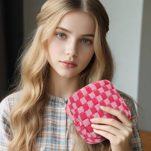 KOTORA 3pcs Checkered Mini Makeup Bag Pocket Cosmetic Bag Portable Aesthetic Preppy Makeup Bag for Women Mini Travel Makeup Organizer Storage Car Accessories (Blue Pink Purple)