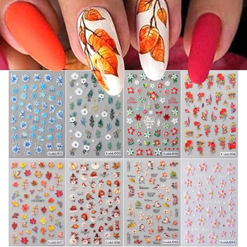 8 Sheets Christmas Nail Art Stickers 5D Embossed Winter Nail Decals Snowflake Maple Leaves Flowers Birds Squirrels Pattern Design Nail Stickers Supplies for Women Manicure Charms Decoration