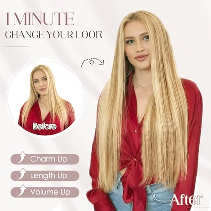 Elailite Halo Hair Extensions Real Human Hair for Women Ash Blonde & Bleach Blonde Clip in Remy Hairpiece with Adjustable Invisible Wire 22 Inch 75G