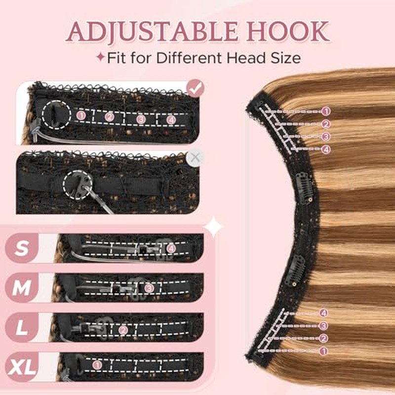 SEGO Invisible Wire Hair Extensions, Real Human Halo Hair Adjustable Wire Extensions, 2 Clips for Women Transparent Fish Line Extensions, Add Length, 18 inches, Medium Brown Mixed Dark Blonde, 65g