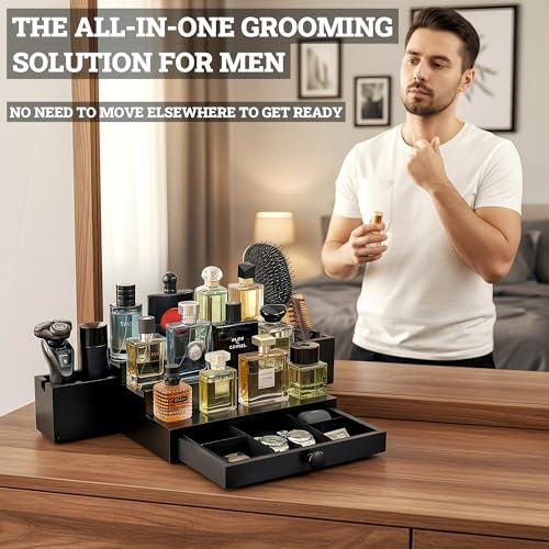Classic Wooden Cologne Organizer for Men 3 Tier Black | High Grade Velvet Lining and Stylish Gift Box | Uncluttered Design Perfume Display Stand Gift Idea | SELUM