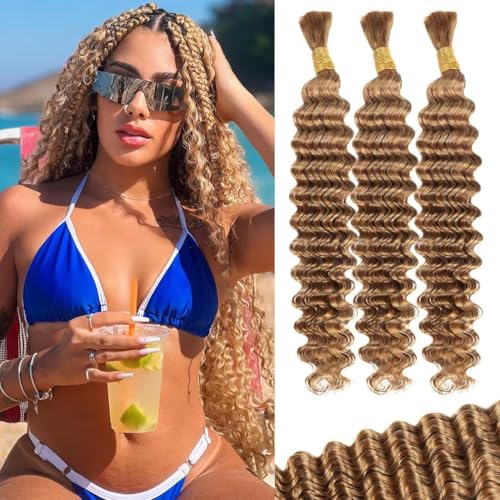 100g 3 bundles Blonde Human Braiding Hair 18 Inch Deep Water Wave Bulk Human Hair for Braiding Brazilian Virgin Curly Hair Extensions for Boho Braids Wet and Wavy Color 27 Honey Blonde