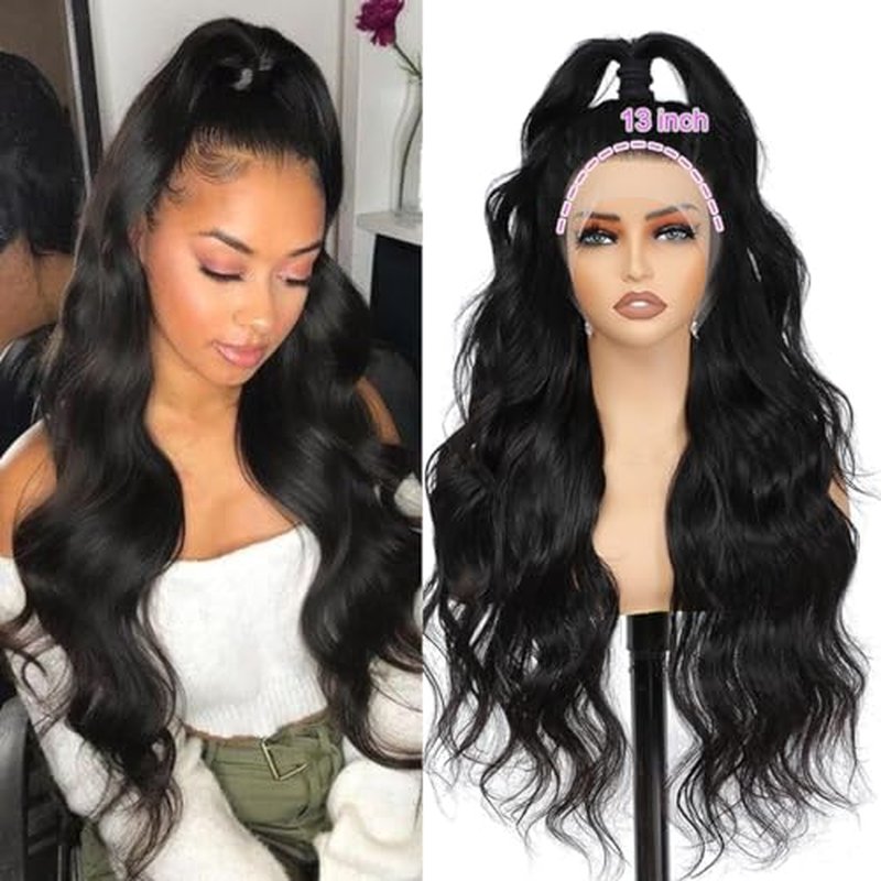 CITY GIRL 32 Inch Body Wave Lace Front Wigs Human Hair Pre Plucked 13x4 hd Transparent Lace Frontal Body Wave Human Hair Wig for Women 200 Density Natural Black