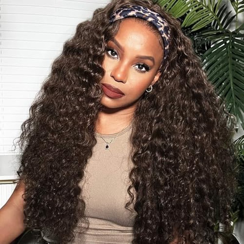 Headband Wig Human Hair Deep Wave Half Wigs Glueless None Lace Front Wigs with Headband Attached Brazilian Human Hair Headband Wigs Glueless Curly Hair for Black Women(24 Inch, Chocolate Brown)