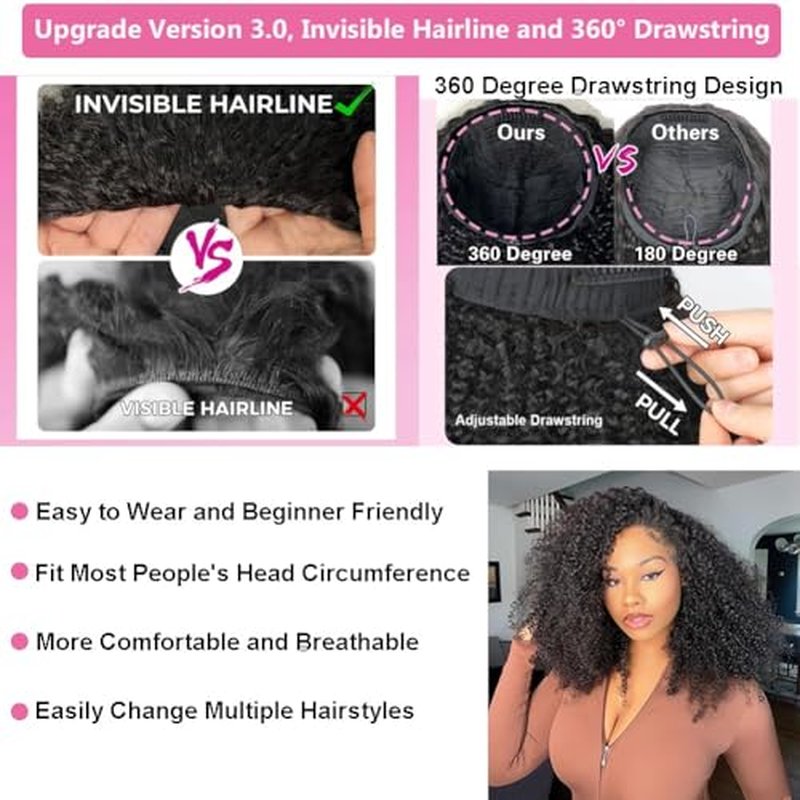 Kinky Curly Half Wig Human Hair Wear Go Glueless Wigs 18 Inch Curly 3 In 1 Half Wigs for Black Women Drawstring Seamless Flip Headband Wig Human Hair Beginner Friendly