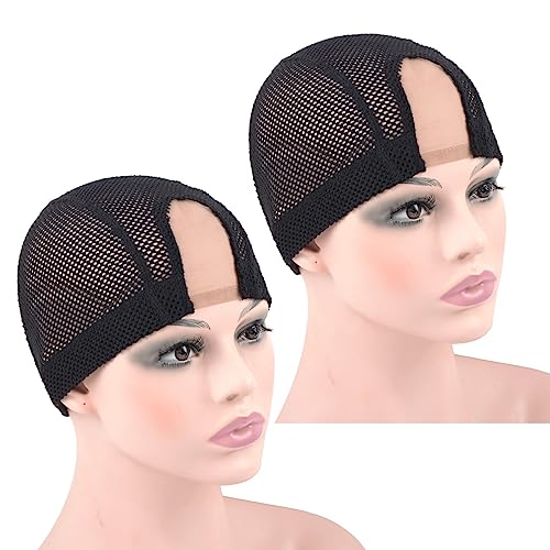 2 Pcs 1.4X3 Inch U Part Wig Cap for Making Wig Lace Wig Cap Dome Mesh Stretch Weaving Wig Caps (Medium Black)