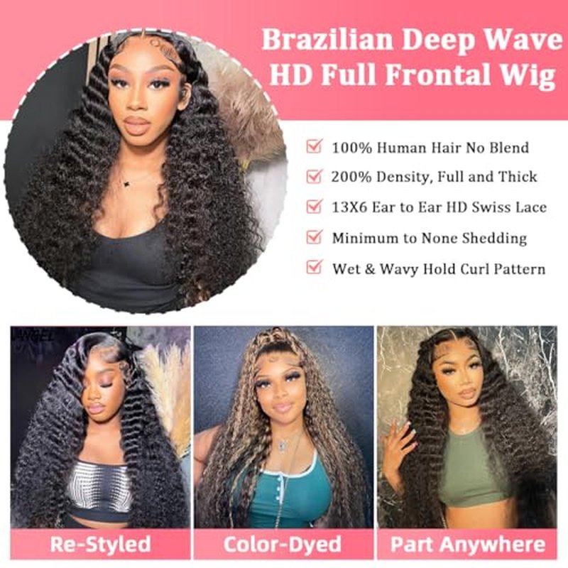 13x6 Deep Wave Lace Front Wigs Human Hair Wigs for Women 200 Density HD Transparent Deep Curly Lace Frontal Wigs Human Hair Pre Plucked with Baby Hair Natural Color 24 Inch