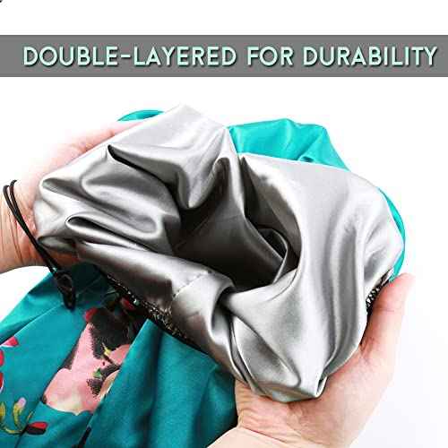 2pcs Extra Long Satin Bonnet Sleep Cap for Women, Double-Layer Silky Hair Bonnet for Braids/Dreadlocks/Curly/Long Hair with Tie Band (Green Flora & Purple Floral)