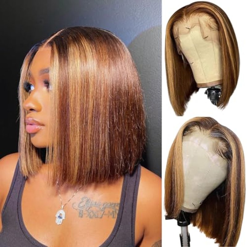 ALHER Short Bob Wig 4/27 Honey Blonde Highlight, 12A Straight Small Cap 13x4 Lace Frontal Wigs Human Hair Pre Plucked With Baby Hair, Small Cap Wig Size 21-21.5 180% Density for Black Women 12 Inch