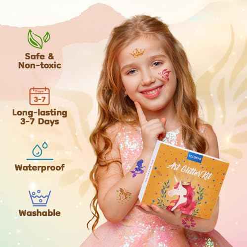Glitter Tattoo Set, Bledras 36 Colors Kids Tattoo Set, 178 Stencils, 5 Brushes, 2 Glue, Flash Tattoo Kit for Girls, Boys and Adults, Carnival Festival, Cosplay Parties, Games (Orange)