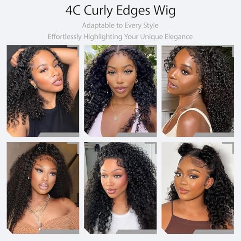 4C Edges Kinky Curly Lace Front Wigs Human Hair 200% Density Deep Wave Curly Wig Pre-Plucked Hairline 13x4 HD Transparent Lace Frontal Wigs With Curly Edges Baby Hair£¨16 Inch Natural Black£©