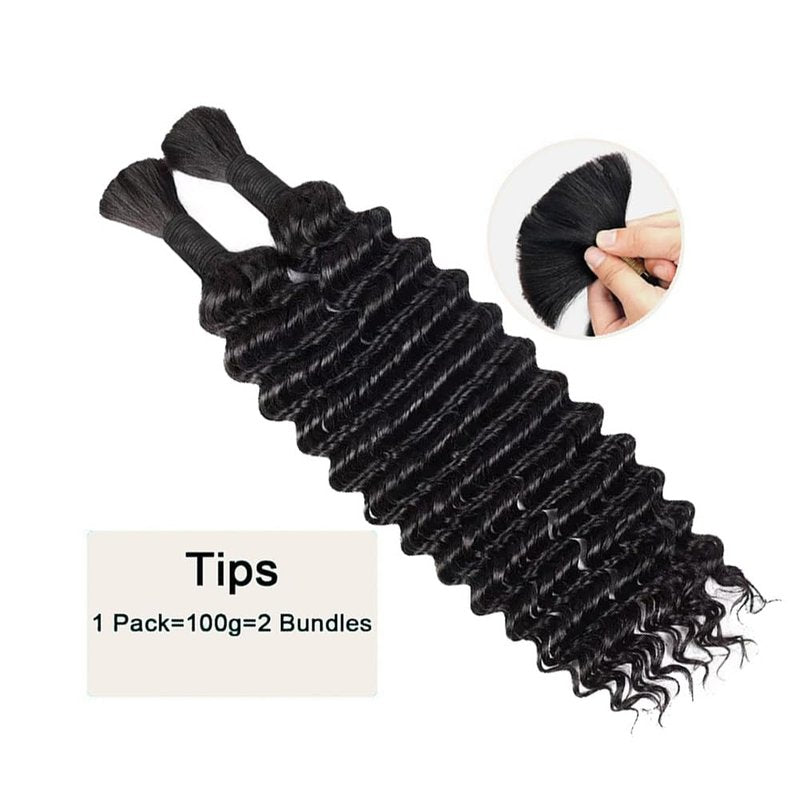 Human Braiding Hair - Boho Deep Wave Bulk Extensions | 100g, 16 Inch, No Weft, Natural Color