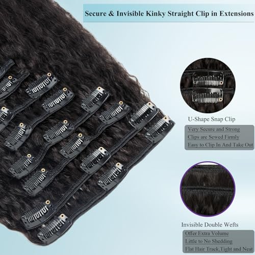 16 Inch Yaki Straight Clip in Hair Extensions Real Human Hair for Black Women 90g/8pcs Double Weft 10A Brazilian Kinky Straight Clip ins 100% Virgin Human Hair Clip in Extensions Natural Black