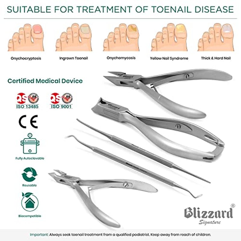 Podiatry Tool Kit by Blizzard ? 5 Piece Set with Concave Arrow and Flame Toenail Nippers, Blacks File and Probe - German Forged Instruments - Hospital Grade