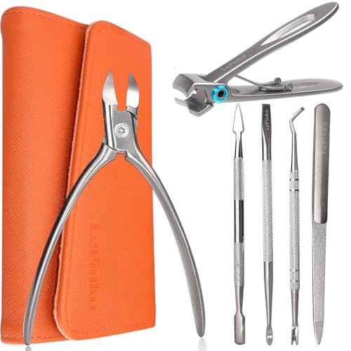 Nail Clippers Set for Thick Toenails and Fingernails, Heavy Duty Podiatrist Clippers for Ingrown Nails, Manicure Sets with Travel Leather Case, Gifts for Stocking Stuffers Men Women, 6PCS Orange