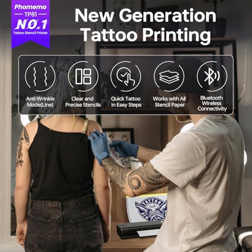 Phomemo Tattoo Stencil Printer Upgraded, TP81 Bluetooth Tattoo Printer with 10pcs Transfer Paper, Compatible with Phone/Tablet/PC, Tattoo Supplies for Tattoo Artists & Beginners,Black
