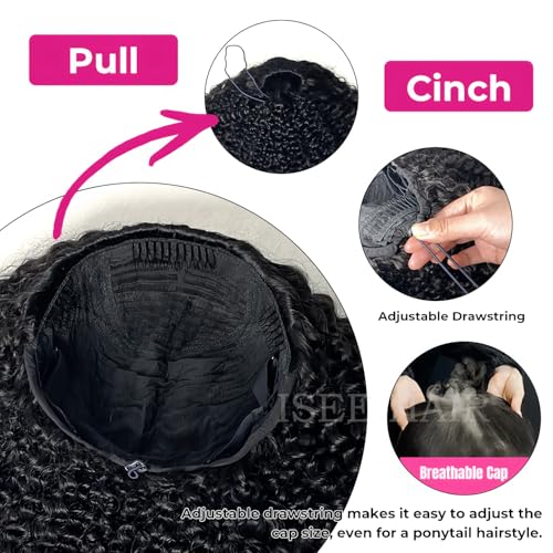 ISEE Half Wig Human Hair Glueless Wigs Upgrade 3 IN 1 Half Wig With Drawstring Seamless Clip Ins Flip Over Kinky Curly Human Hair No Glue No Lace For Women 180% Density 18 Inch