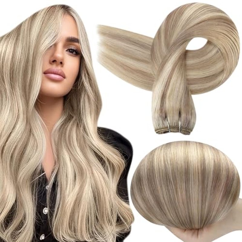 Full Shine Blonde Sew In Weft Hair Extensions Silky Straight Real Hair Wefts Human Hair 105 Grams Sew In Hair Extensions Ash Blonde Highlight Remy Bundles 24 Inch