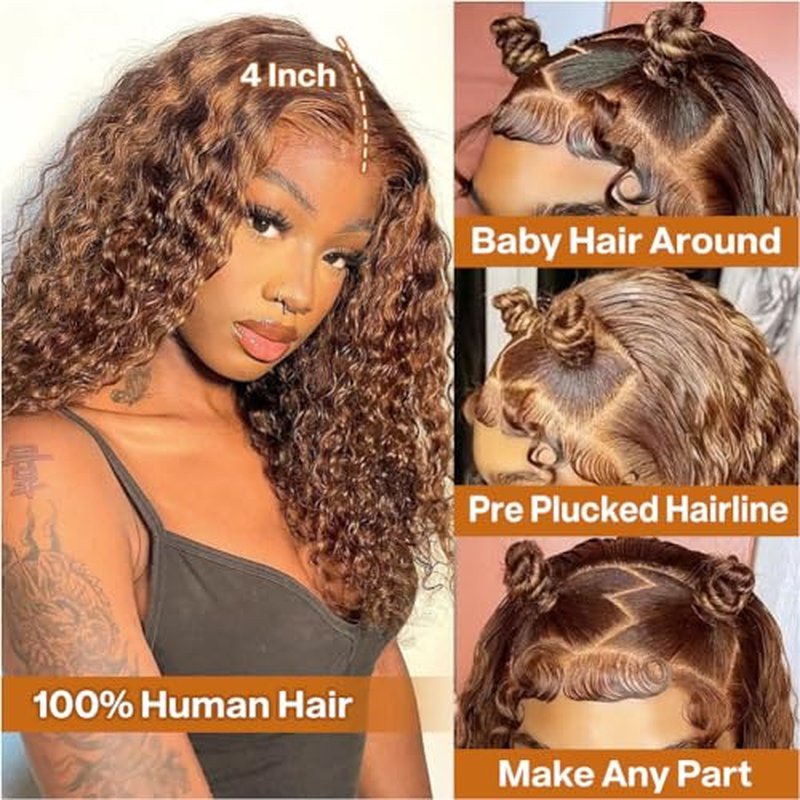 Curly Bob Wig Human Hair Deep Wave 13x4 HD Lace Front Wigs For Black Women Human Hair Pre Plucked Wear And Go Glueless Short Wet And Wavy Ombre Honey Blonde Highlight Color 4/27 16 Inch