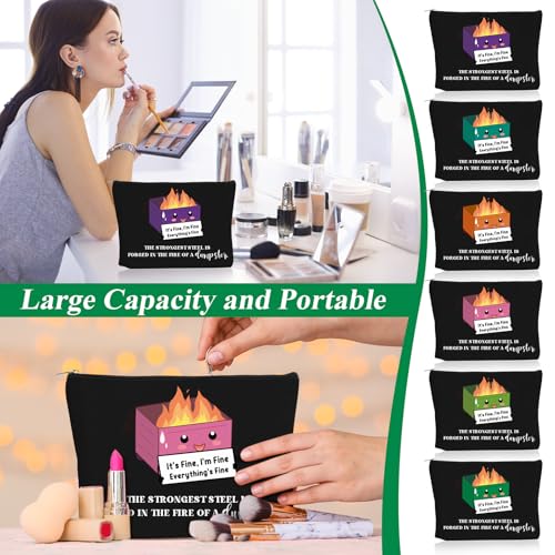 Reginary 6 Pcs Emotional Support Dumpster Fire Cosmetic Bag Gift Team Employee Appreciation Gift Bulk Funny Makeup Bag Canvas Pouch for Coworker Staff Volunteer Teacher Nurse, 6 Style(Black)
