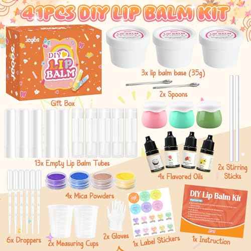 JCOOS DIY Lip Balm Kit for Kids, Fun Lip Balm Making Kit, Lip Gloss Making Kit Moisturizing Lip Kit, Natural Shea Butter, Beeswax, Sweet Almond Oil, Essential Oil, Cute Teen Tween Girls Trendy Stuff