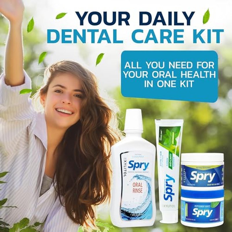 Spry Total Dental Health Kit - All Day Oral Care and Gum Health Including Sugar Free Gum, Candy Mints, Oral Rinse and Spearmint Toothpaste With Xylitol