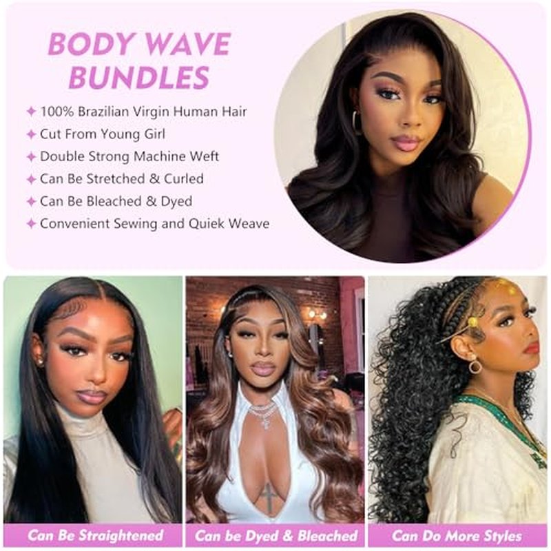 Body Wave Bundles Human Hair 18 20 22 24 Inch Human Hair Bundles 100% Unprocessed Brazilian Virgin Quick Weave 4 Bundle Human Hair Extensions for Black Women Natural Color