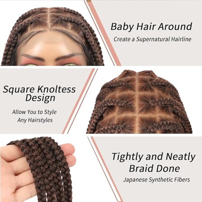 Lexqui 36" 360¡Æ HD Full Lace Large Square Knotless Braided Wigs for Women Box Braid Wig Braided Lace Front Wigs Premium Synthetic Braid Wig with Baby Hair Brown