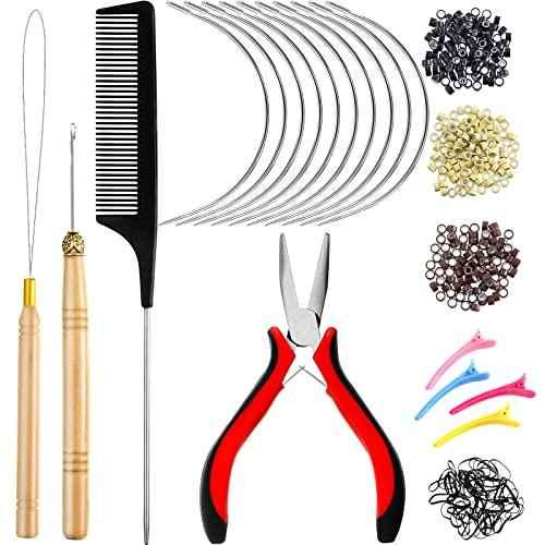 Chuangdi Hair Extension Tools Kit: 600 Silicone Lined Micro Ring Beads 1 Pliers 1 Comb 2 Hook Needle Pulling Loop 10 Curved Hair Needle 4 Alligator Clips 100 Mini Rubber Band Hand Tie Extention Tools