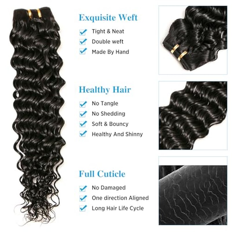 Deep Wave Bundles, Curly Bundles Human Hair, 16 18 20 Inch, Wet and Wavy, Natural Black, Soft, 285g-300g, Brazilian Hair