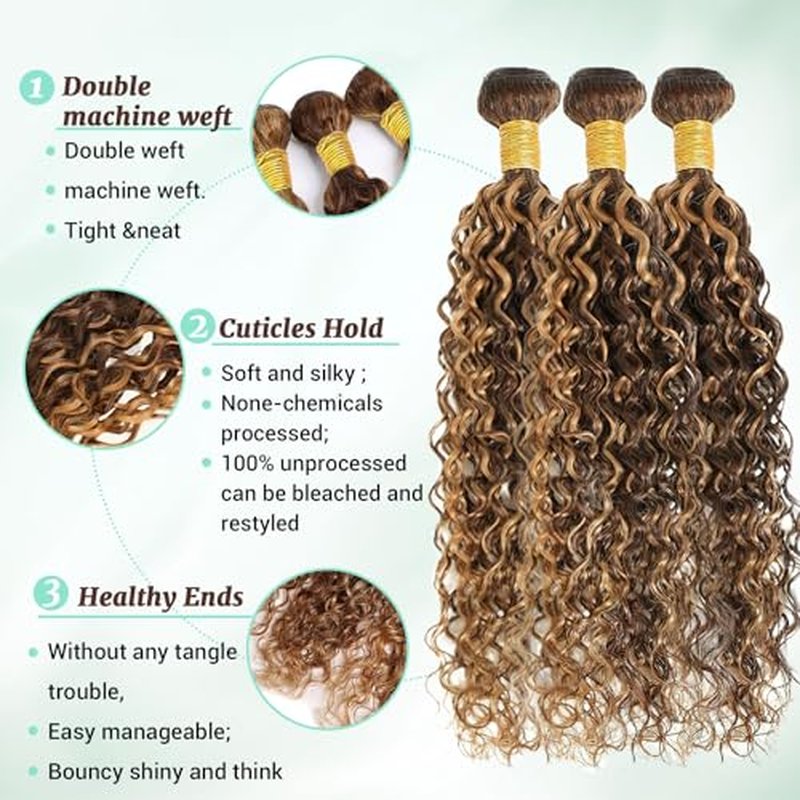 P4/27 Water Wave Bundles Human Hair 12 14 16 Inch Brown and Honey Blonde Highlight Wet and Wavy Human Hair Bundles 100% Unprocessed Brazilian Virgin Weave 3 Bundles Human Hair Extensions for Women