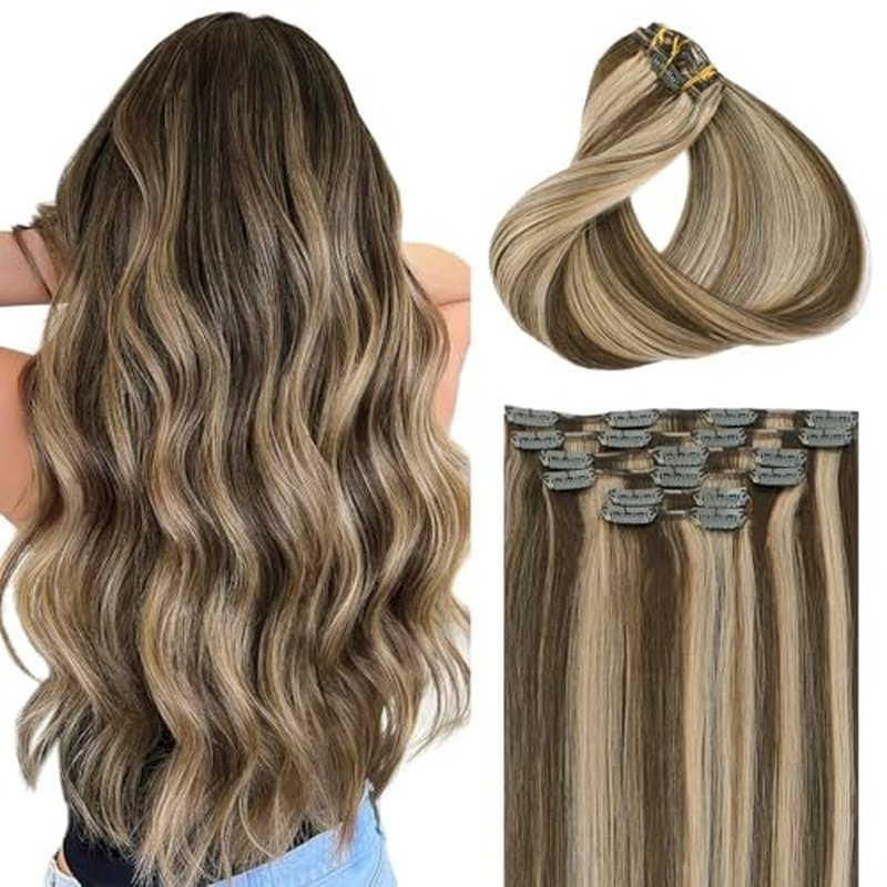 Clip in Hair Extensions Real Human Hair, 18 Inch 120g, Chocolate Brown To Dark Blonde Piano Color, Natural Straight Clip On Hair extensions 6pcs Per Set with 18 Clips Double drawn(#4P27,18'')