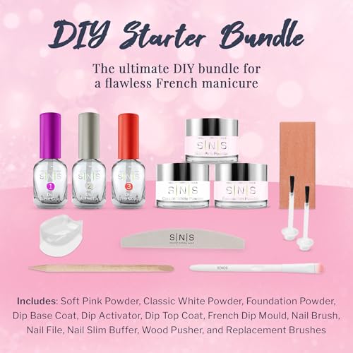 SNS Nail Dip Powder & Dip Essentials Nail Color Kit, DIY Starter Bundle (Pink & White) - Foundation Powder, Dip Activator & Top Coat, Brushes, Cuticle Pusher, Nail File, Buffer, & French Dip Mold