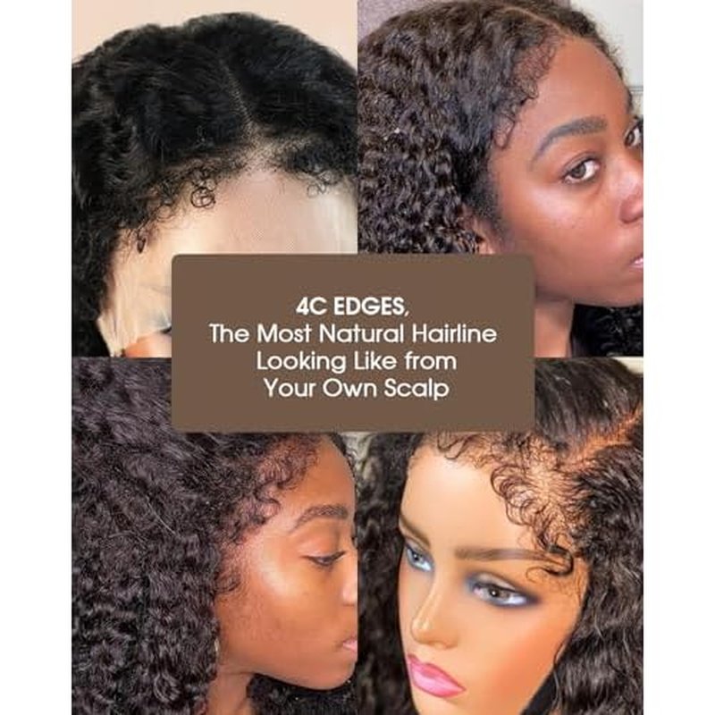 MENTOR 4C Edges Lace Front Wig Kinky Curly Human Hair 13x4 Lace Frontal Curly Wigs Kinky Edges Pre-Plucked 180% Density 16 inch
