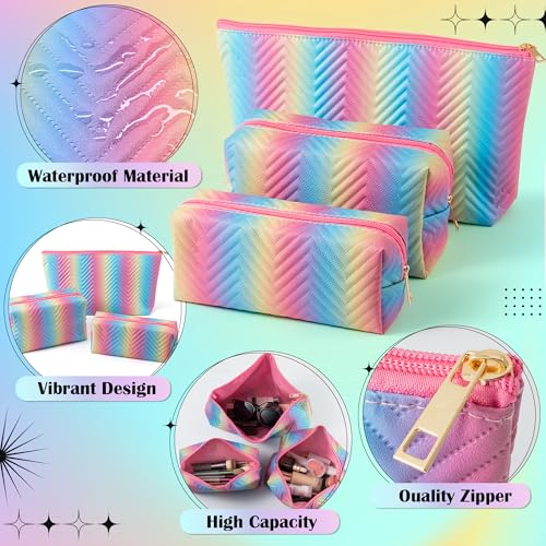 Y1tvei Rainbow Gradient Makeup Bag - 3Pcs Rainbow Colored Gradient Makeup Bag Colorful Leather Waterproof Fantasy Cosmetic Pouch Carry Makeup Brush Bag Zipper Travel Toiletry Organizer Gifts for Women
