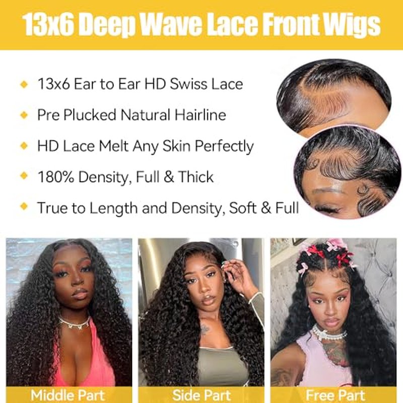 Deep Wave Lace Front Wigs Human Hair for Women 24 Inch Hd Lace Frontal Wig 13x6 Deep Curly Wig Human Hair Lace Front Wigs Pre Plucked 180 Density Natural Color