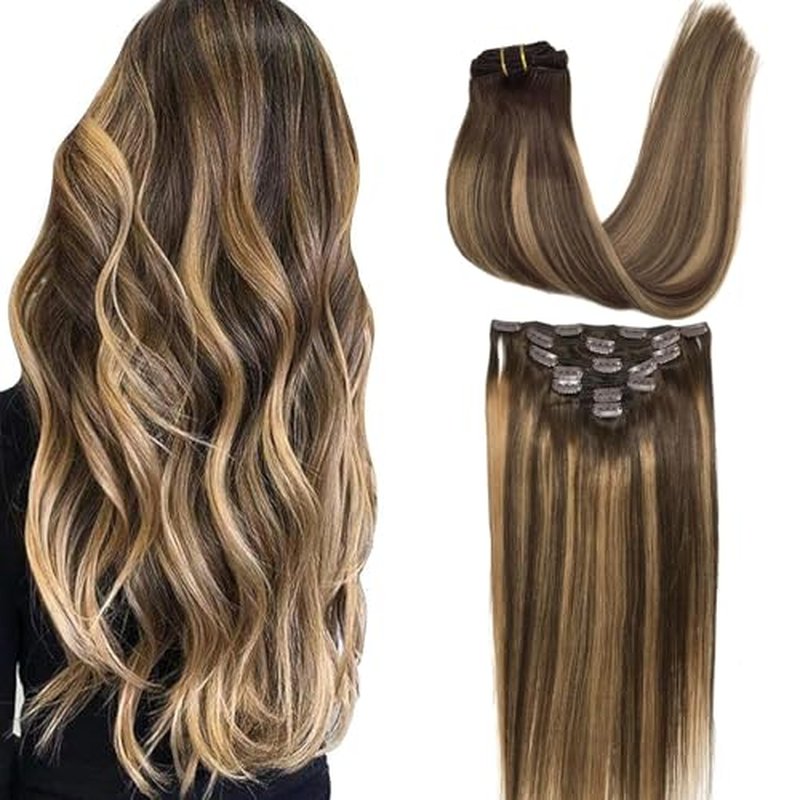 Clip In Hair Extensions Real Human Hair 24Inch 120g 100% Remy Human Hair Extensions Clip Ins Invisible Seamless Straight Human Hair Clip In Extensions 7pcs Double Weft #4/27