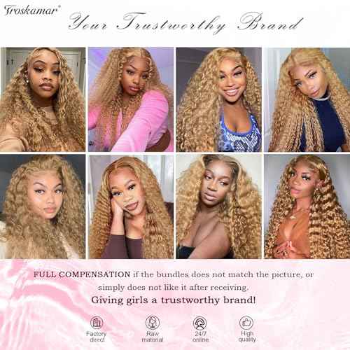 Honey Blonde Deep Wave Bundles Human Hair Color #27 Blonde Curly Bundle for Black Women 18 Inch Double Weft Colored Wet and Wavy Human Hair Bundle