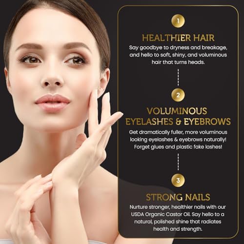 Organic Castor Oil, Cold Pressed, Glass Bottle, USDA Certified Premium Organic, Unrefined, Hexane Free, for Hair Growth, Radiant Skin, Eyebrows, Lashes and Fuller Hair, 16.9 oz w/ Pump (Made in USA)