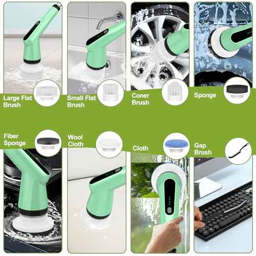 Electric Spin Scrubber, Shower Scrubber with Long Handle Adjustable, 2 Speed & 7 Replaceable Brush Heads Shower Cleaner Brush, Electric Scrubber for Cleaning Bathroom Tile Floor Bathtub Green