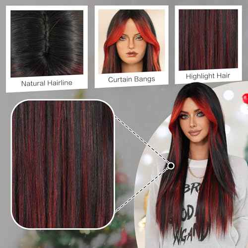 7JHH WIGS 31in Ombre Red Black Long Straight Highlight Wigs with Curtain Bangs Natural Heat Resistant Synthetic Fiber Layered Highlight Midlle Part Women Wigs for Chrismas Daily Party Daily Used