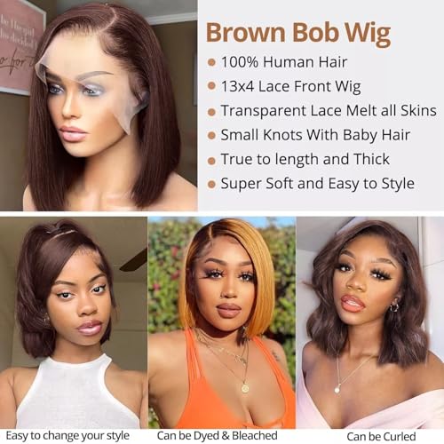 Brown Front Bob Wig Human Hair 13x4 HD Lace Front Wig 100% Unprocessed Brazilian Virgin Human Hair #4 Bob Wigs Pre Plucked Natural Hairline with Baby Hair Brown Color Bob for Women(8")