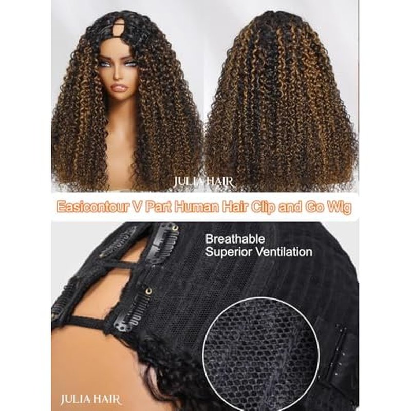 Julia Hair Highlight V Part Curly Wigs with Drawstring Balayage Brown Clip-In Half Wigs EasiContour Upgraded U Part Jerry Curly Glueless Human Hair Wig Beginner-Friendly Ready to Go 14 Inch