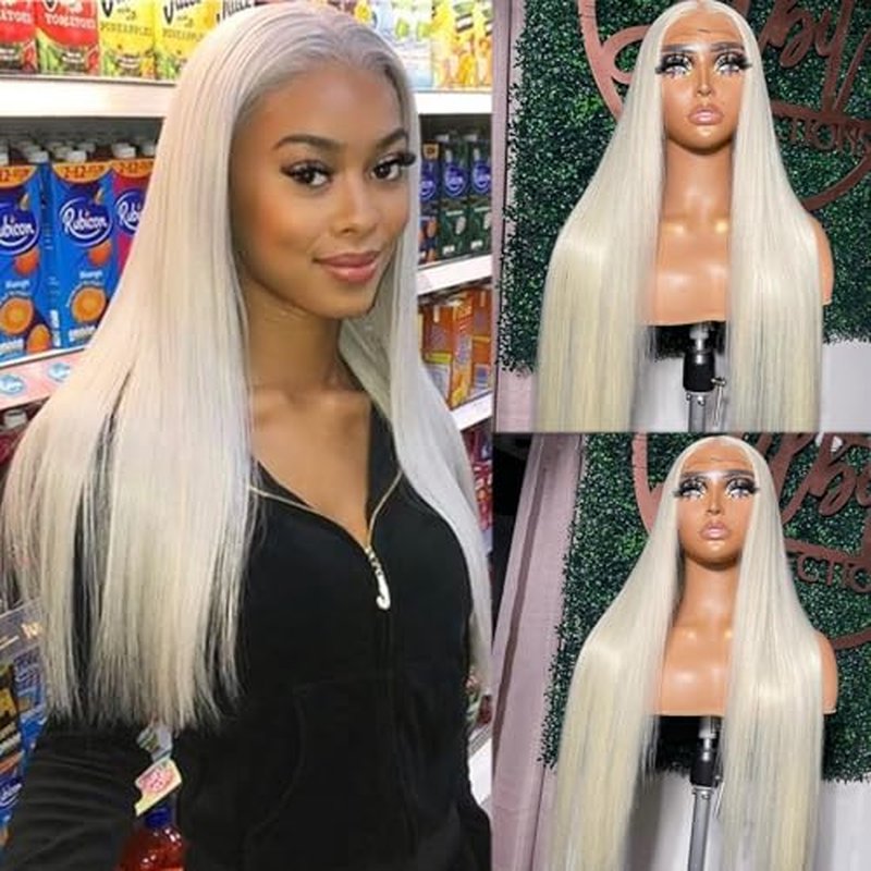 13x6 HD Lace Front Wig Human Hair Platinum Blonde Straight Transparent Lace Frontal Wigs Human Hair Pre Plucked with Baby Hair 180% Density Silver Blonde Brazilian Virgin Hair Glueless Wigs 22 Inch